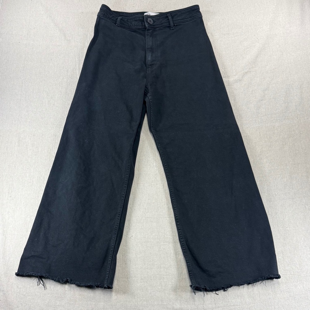 Zara The Marine Straight High Rise Wide Leg Black Raw Hem Jeans Size 10 US